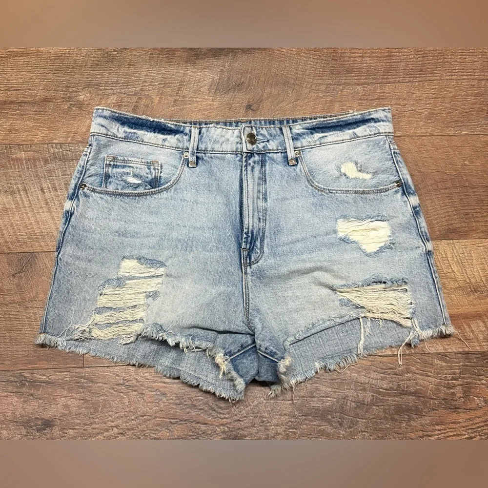 Good American High Rise 100% Cotton Distressed Denim Shorts Size 10 - Picture 1 of 4